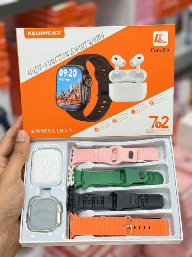 ساعت هوشمند طرح اپل واچ| ۷ بند بهمراه ایرپاد | پک ۵ عددی همکاران عمده | کیفیت عالی | kEQIWEAR kw95 ultra 3